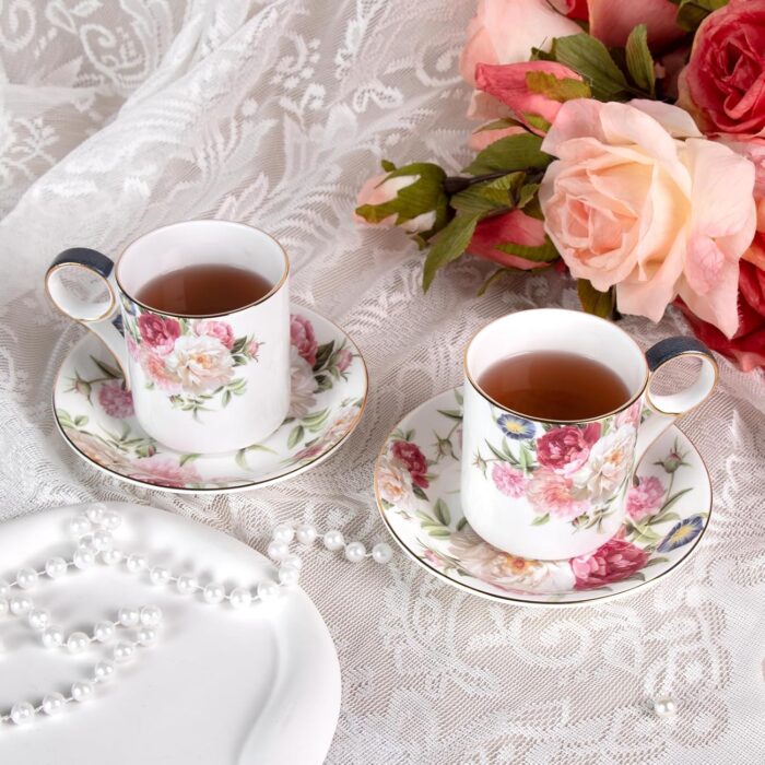 KAMMAK Tea Cups and Saucers Set of 2, Fine Bone China Coffee Cups, Stackable Espresso Mugs, Ceramic Demitasse for Coffee, Cappuccino, Latte, Americano, Tea, Gray