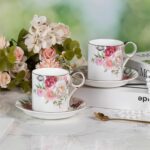 KAMMAK Tea Cups and Saucers Set of 2, Fine Bone China Coffee Cups, Stackable Espresso Mugs, Ceramic Demitasse for Coffee, Cappuccino, Latte, Americano, Tea, Gray