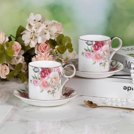 KAMMAK Tea Cups and Saucers Set of 2, Fine Bone China Coffee Cups, Stackable Espresso Mugs, Ceramic Demitasse for Coffee, Cappuccino, Latte, Americano, Tea, Gray