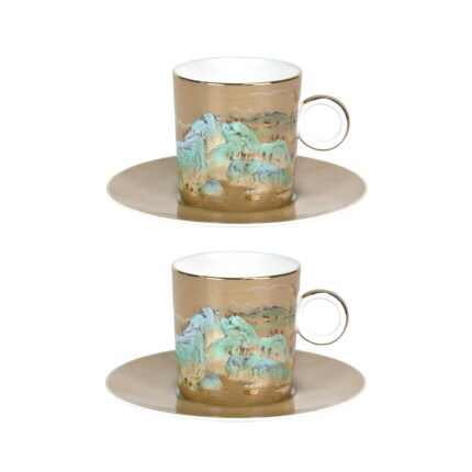 KAMMAK Tea Cups and Saucers Set of 2, Fine Bone China Coffee Cups, Stackable Espresso Mugs, Ceramic Demitasse for Coffee, Cappuccino, Latte, Americano, Tea, Small - River and...