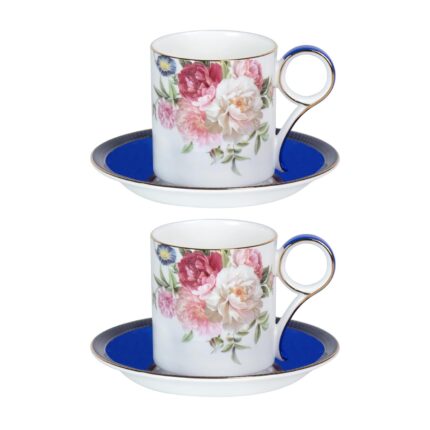 KAMMAK Tea Cups and Saucers Set of 2, Fine Bone China Coffee Cups, Stackable Espresso Mugs, Ceramic Demitasse for Coffee, Cappuccino, Latte, Americano, Tea, Blue