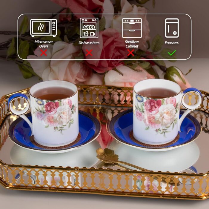 KAMMAK Tea Cups and Saucers Set of 2, Fine Bone China Coffee Cups, Stackable Espresso Mugs, Ceramic Demitasse for Coffee, Cappuccino, Latte, Americano, Tea, Blue