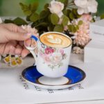 KAMMAK Tea Cups and Saucers Set of 2, Fine Bone China Coffee Cups, Stackable Espresso Mugs, Ceramic Demitasse for Coffee, Cappuccino, Latte, Americano, Tea, Blue