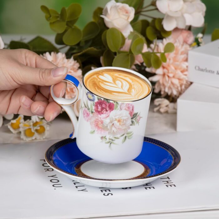 KAMMAK Tea Cups and Saucers Set of 2, Fine Bone China Coffee Cups, Stackable Espresso Mugs, Ceramic Demitasse for Coffee, Cappuccino, Latte, Americano, Tea, Blue