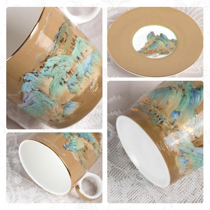KAMMAK Tea Cups and Saucers Set of 2, Fine Bone China Coffee Cups, Stackable Espresso Mugs, Ceramic Demitasse for Coffee, Cappuccino, Latte, Americano, Tea, Small - River and...