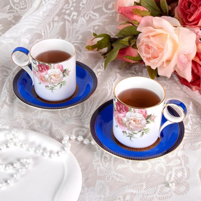KAMMAK Tea Cups and Saucers Set of 2, Fine Bone China Coffee Cups, Stackable Espresso Mugs, Ceramic Demitasse for Coffee, Cappuccino, Latte, Americano, Tea, Blue