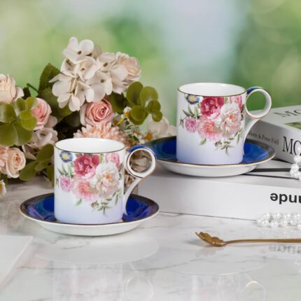 KAMMAK Tea Cups and Saucers Set of 2, Fine Bone China Coffee Cups, Stackable Espresso Mugs, Ceramic Demitasse for Coffee, Cappuccino, Latte, Americano, Tea, Blue