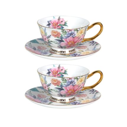 KAMMAK Tea Cups and Saucers Set of 2, Fine Bone China Coffee Cups, Stackable Espresso Mugs, Ceramic Demitasse for Coffee, Cappuccino, Latte, Americano, Tea, Blooming Flowers
