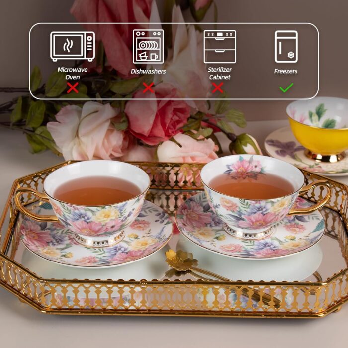 KAMMAK Tea Cups and Saucers Set of 2, Fine Bone China Coffee Cups, Stackable Espresso Mugs, Ceramic Demitasse for Coffee, Cappuccino, Latte, Americano, Tea, Blooming Flowers