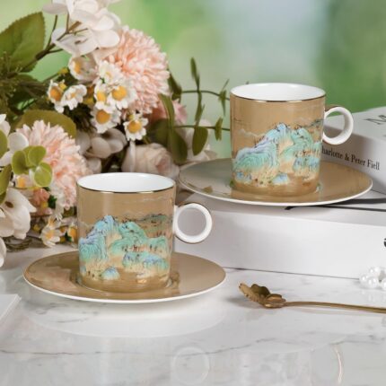 KAMMAK Tea Cups and Saucers Set of 2, Fine Bone China Coffee Cups, Stackable Espresso Mugs, Ceramic Demitasse for Coffee, Cappuccino, Latte, Americano, Tea, Small - River and...