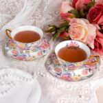 KAMMAK Tea Cups and Saucers Set of 2, Fine Bone China Coffee Cups, Stackable Espresso Mugs, Ceramic Demitasse for Coffee, Cappuccino, Latte, Americano, Tea, Blooming Flowers