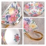 KAMMAK Tea Cups and Saucers Set of 2, Fine Bone China Coffee Cups, Stackable Espresso Mugs, Ceramic Demitasse for Coffee, Cappuccino, Latte, Americano, Tea, Blooming Flowers