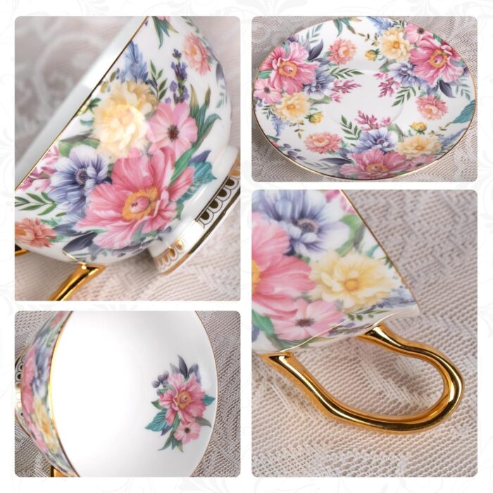 KAMMAK Tea Cups and Saucers Set of 2, Fine Bone China Coffee Cups, Stackable Espresso Mugs, Ceramic Demitasse for Coffee, Cappuccino, Latte, Americano, Tea, Blooming Flowers