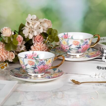 KAMMAK Tea Cups and Saucers Set of 2, Fine Bone China Coffee Cups, Stackable Espresso Mugs, Ceramic Demitasse for Coffee, Cappuccino, Latte, Americano, Tea, Blooming Flowers