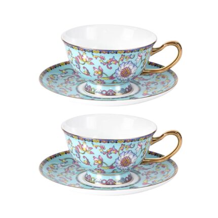 KAMMAK Tea Cups and Saucers Set of 2, Fine Bone China Coffee Cups, Stackable Espresso Mugs, Ceramic Demitasse for Coffee, Cappuccino, Latte, Americano, Tea, Full Bloom Blue