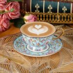 KAMMAK Tea Cups and Saucers Set of 2, Fine Bone China Coffee Cups, Stackable Espresso Mugs, Ceramic Demitasse for Coffee, Cappuccino, Latte, Americano, Tea, Full Bloom Blue