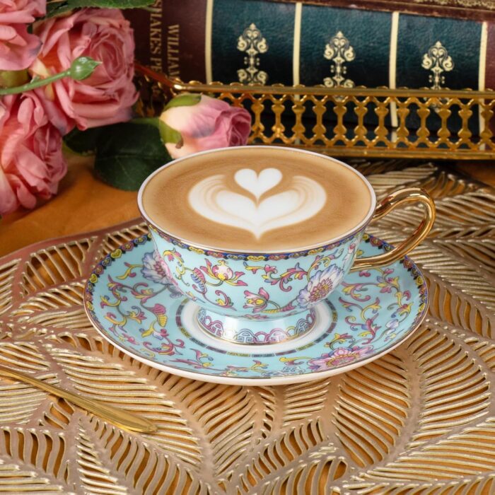 KAMMAK Tea Cups and Saucers Set of 2, Fine Bone China Coffee Cups, Stackable Espresso Mugs, Ceramic Demitasse for Coffee, Cappuccino, Latte, Americano, Tea, Full Bloom Blue