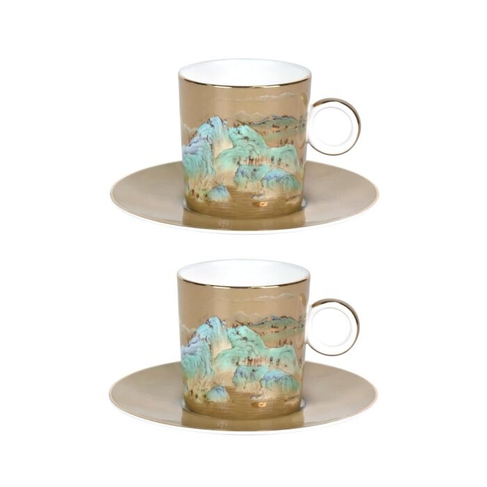 KAMMAK Tea Cups and Saucers Set of 2, Fine Bone China Coffee Cups, Stackable Espresso Mugs, Ceramic Demitasse for Coffee, Cappuccino, Latte, Americano, Tea, Small - River and...