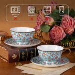 KAMMAK Tea Cups and Saucers Set of 2, Fine Bone China Coffee Cups, Stackable Espresso Mugs, Ceramic Demitasse for Coffee, Cappuccino, Latte, Americano, Tea, Full Bloom Blue