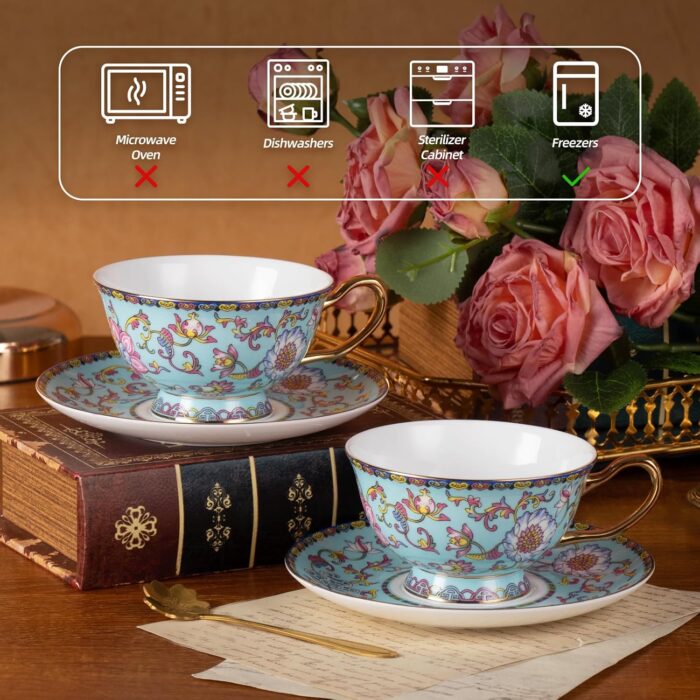 KAMMAK Tea Cups and Saucers Set of 2, Fine Bone China Coffee Cups, Stackable Espresso Mugs, Ceramic Demitasse for Coffee, Cappuccino, Latte, Americano, Tea, Full Bloom Blue