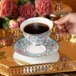 KAMMAK Tea Cups and Saucers Set of 2, Fine Bone China Coffee Cups, Stackable Espresso Mugs, Ceramic Demitasse for Coffee, Cappuccino, Latte, Americano, Tea, Full Bloom Blue