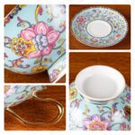 KAMMAK Tea Cups and Saucers Set of 2, Fine Bone China Coffee Cups, Stackable Espresso Mugs, Ceramic Demitasse for Coffee, Cappuccino, Latte, Americano, Tea, Full Bloom Blue