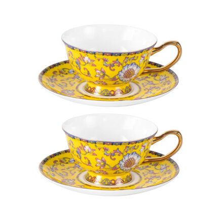KAMMAK Tea Cups and Saucers Set of 2, Fine Bone China Coffee Cups, Stackable Espresso Mugs, Ceramic Demitasse for Coffee, Cappuccino, Latte, Americano, Tea, Full Bloom Yellow