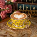 KAMMAK Tea Cups and Saucers Set of 2, Fine Bone China Coffee Cups, Stackable Espresso Mugs, Ceramic Demitasse for Coffee, Cappuccino, Latte, Americano, Tea, Full Bloom Yellow