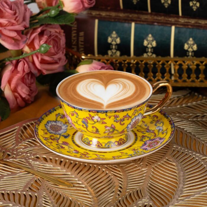 KAMMAK Tea Cups and Saucers Set of 2, Fine Bone China Coffee Cups, Stackable Espresso Mugs, Ceramic Demitasse for Coffee, Cappuccino, Latte, Americano, Tea, Full Bloom Yellow