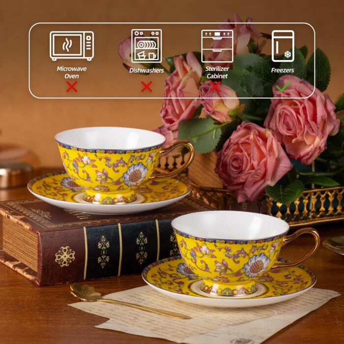 KAMMAK Tea Cups and Saucers Set of 2, Fine Bone China Coffee Cups, Stackable Espresso Mugs, Ceramic Demitasse for Coffee, Cappuccino, Latte, Americano, Tea, Full Bloom Yellow