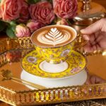 KAMMAK Tea Cups and Saucers Set of 2, Fine Bone China Coffee Cups, Stackable Espresso Mugs, Ceramic Demitasse for Coffee, Cappuccino, Latte, Americano, Tea, Full Bloom Yellow