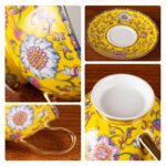 KAMMAK Tea Cups and Saucers Set of 2, Fine Bone China Coffee Cups, Stackable Espresso Mugs, Ceramic Demitasse for Coffee, Cappuccino, Latte, Americano, Tea, Full Bloom Yellow