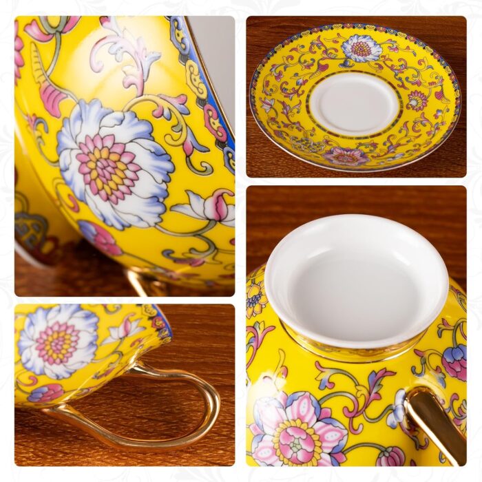 KAMMAK Tea Cups and Saucers Set of 2, Fine Bone China Coffee Cups, Stackable Espresso Mugs, Ceramic Demitasse for Coffee, Cappuccino, Latte, Americano, Tea, Full Bloom Yellow