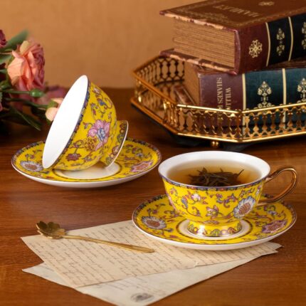 KAMMAK Tea Cups and Saucers Set of 2, Fine Bone China Coffee Cups, Stackable Espresso Mugs, Ceramic Demitasse for Coffee, Cappuccino, Latte, Americano, Tea, Full Bloom Yellow