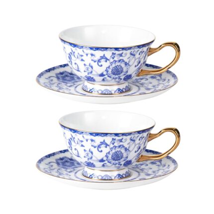 KAMMAK Tea Cups and Saucers Set of 2, Fine Bone China Coffee Cups, Stackable Espresso Mugs, Ceramic Demitasse for Coffee, Cappuccino, Latte, Americano, Tea, Enamel - Blue