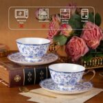 KAMMAK Tea Cups and Saucers Set of 2, Fine Bone China Coffee Cups, Stackable Espresso Mugs, Ceramic Demitasse for Coffee, Cappuccino, Latte, Americano, Tea, Enamel - Blue
