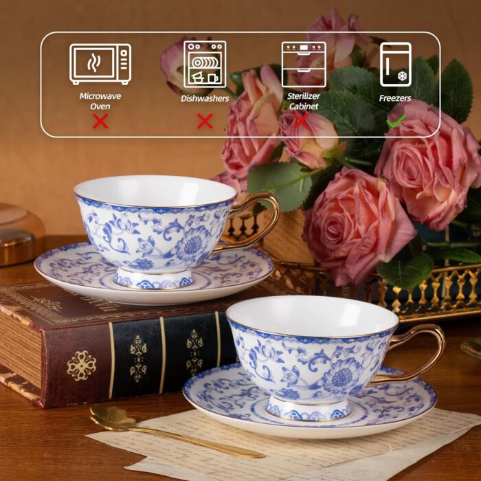 KAMMAK Tea Cups and Saucers Set of 2, Fine Bone China Coffee Cups, Stackable Espresso Mugs, Ceramic Demitasse for Coffee, Cappuccino, Latte, Americano, Tea, Enamel - Blue
