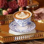 KAMMAK Tea Cups and Saucers Set of 2, Fine Bone China Coffee Cups, Stackable Espresso Mugs, Ceramic Demitasse for Coffee, Cappuccino, Latte, Americano, Tea, Enamel - Blue