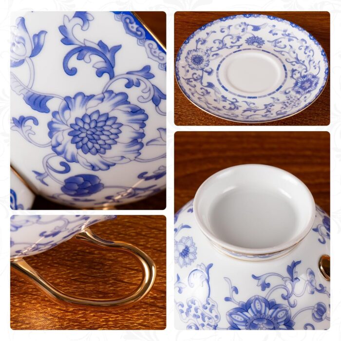 KAMMAK Tea Cups and Saucers Set of 2, Fine Bone China Coffee Cups, Stackable Espresso Mugs, Ceramic Demitasse for Coffee, Cappuccino, Latte, Americano, Tea, Enamel - Blue