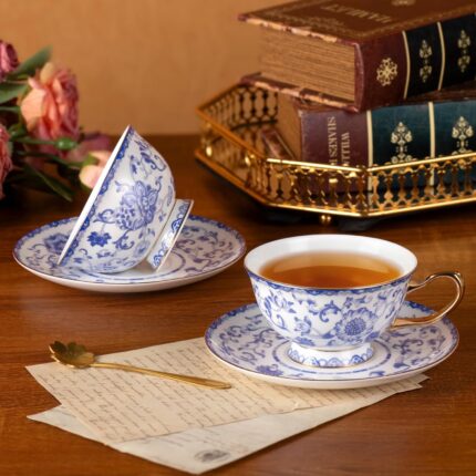 KAMMAK Tea Cups and Saucers Set of 2, Fine Bone China Coffee Cups, Stackable Espresso Mugs, Ceramic Demitasse for Coffee, Cappuccino, Latte, Americano, Tea, Enamel - Blue