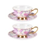 KAMMAK Tea Cups and Saucers Set of 2, Fine Bone China Coffee Cups, Stackable Espresso Mugs, Ceramic Demitasse for Coffee, Cappuccino, Latte, Americano, Tea, Pebble