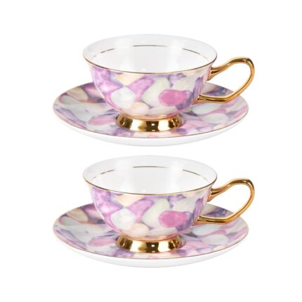 KAMMAK Tea Cups and Saucers Set of 2, Fine Bone China Coffee Cups, Stackable Espresso Mugs, Ceramic Demitasse for Coffee, Cappuccino, Latte, Americano, Tea, Pebble
