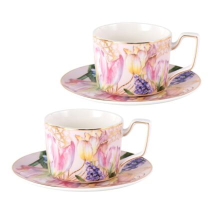 KAMMAK Tea Cups and Saucers Set of 2, Porcelain Coffee Cups, Stackable Espresso Mugs, Ceramic Demitasse for Coffee, Latte, Americano, Tea, Turmeric - Gold