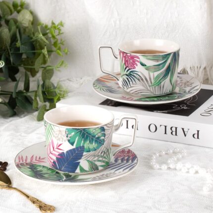 KAMMAK Tea Cups and Saucers Set of 2, Porcelain Coffee Cups, Stackable Espresso Mugs, Ceramic Demitasse for Coffee, Latte, Americano, Tea, Mystery