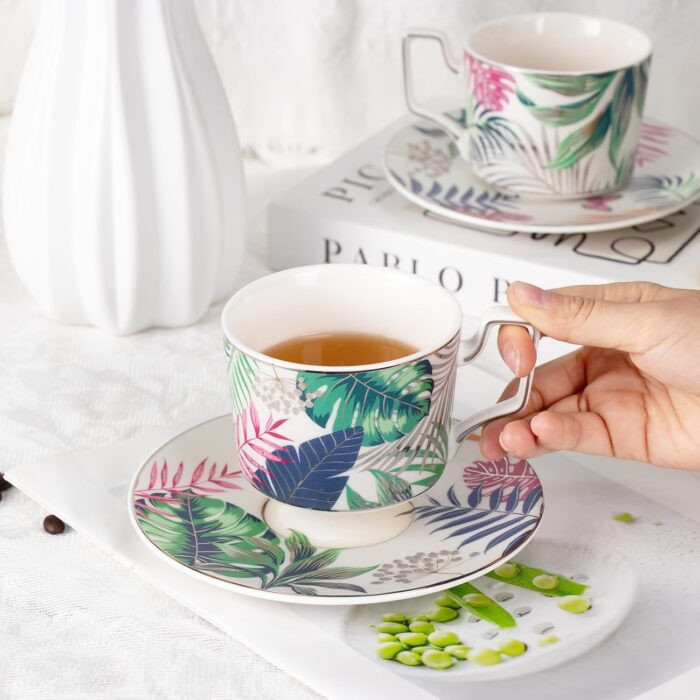 KAMMAK Tea Cups and Saucers Set of 2, Porcelain Coffee Cups, Stackable Espresso Mugs, Ceramic Demitasse for Coffee, Latte, Americano, Tea, Mystery