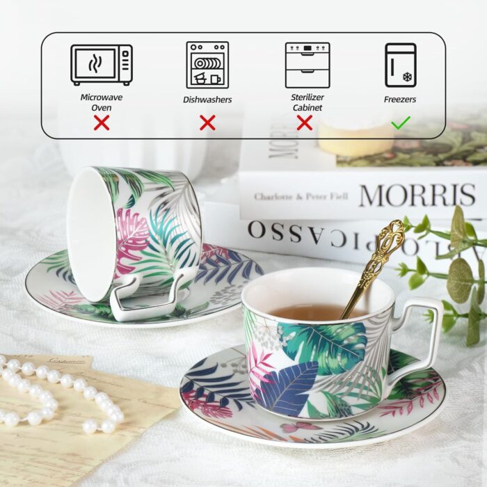 KAMMAK Tea Cups and Saucers Set of 2, Porcelain Coffee Cups, Stackable Espresso Mugs, Ceramic Demitasse for Coffee, Latte, Americano, Tea, Mystery