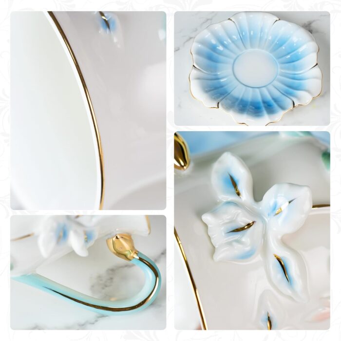 KAMMAK Tea Cups and Saucers Set of 2, Porcelain Coffee Cups, Stackable Espresso Mugs, Ceramic Demitasse for Coffee, Latte, Americano, Tea, Relief - Yellow + Blue