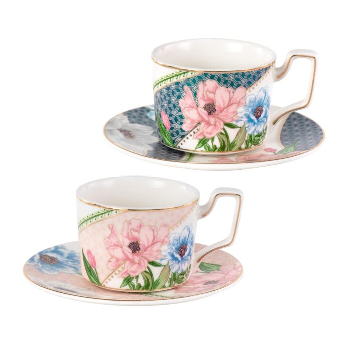 KAMMAK Tea Cups and Saucers Set of 2, Porcelain Coffee Cups, Stackable Espresso Mugs, Ceramic Demitasse for Coffee, Latte, Americano, Tea, Green + Pink KAMMAK 8CZNX045+46 ceramic cup and saucer side angle view showing silhouette