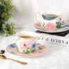 KAMMAK Tea Cups and Saucers Set of 2, Porcelain Coffee Cups, Stackable Espresso Mugs, Ceramic Demitasse for Coffee, Latte, Americano, Tea, Green + Pink KAMMAK 8CZNX045+46 ceramic cup and saucer front view for product display