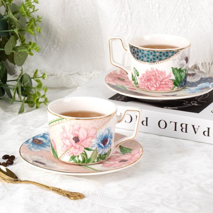 KAMMAK Tea Cups and Saucers Set of 2, Porcelain Coffee Cups, Stackable Espresso Mugs, Ceramic Demitasse for Coffee, Latte, Americano, Tea, Green + Pink KAMMAK 8CZNX045+46 ceramic cup and saucer front view for product display